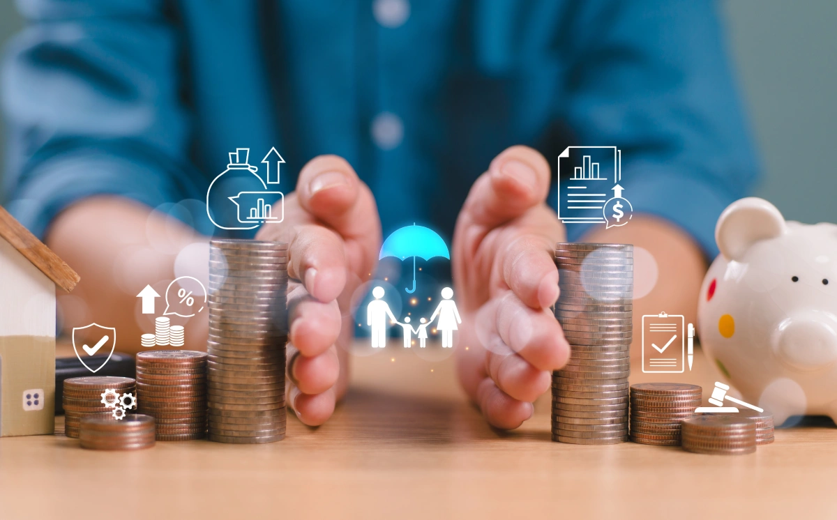 Coins stacked with digital finance icons